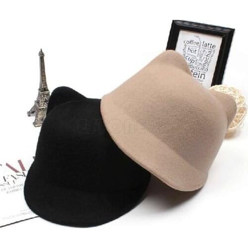 Hot Sale Winter Fashion Women Devil Hat Cute Kitty Cat Ears Wool Derby Bowler Cap