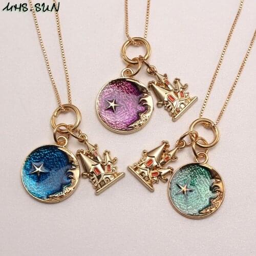 MHS.SUN 1PC Charming Star/Moon/Castle Pendant DIY Necklace For Baby Girls Jewelry Gold Color Chain Necklace For Christmas Gift