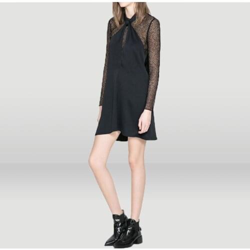 Fashion Black Lace Cut Out Stitching Bow Neck Long Sleeve Slim Short Dress