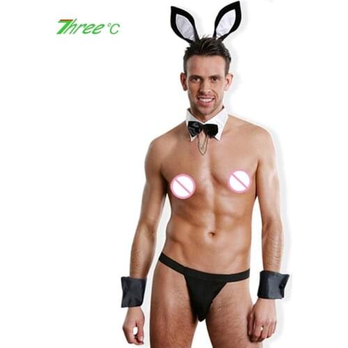 Mens Sexy Suit Erotic Lingerie Clubwear Waiter Costume Cosplay Rabbit Perspective Suit Novelty Sexy Seamless G-String Mankini