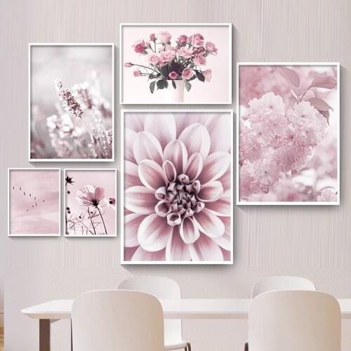 Nordic Wall Pictures Posters Print Pink Flower Cherry Blossom Rose Peony Sky Bird Wall Art Canvas Painting For Living Room Decor