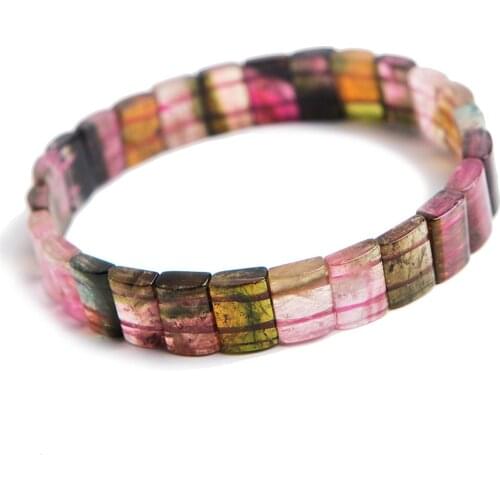 Genuine Natural Colorful Tourmaline Quartz Crystal Rectangle Beads Stretch Bangle Bracelets For Woman Lady