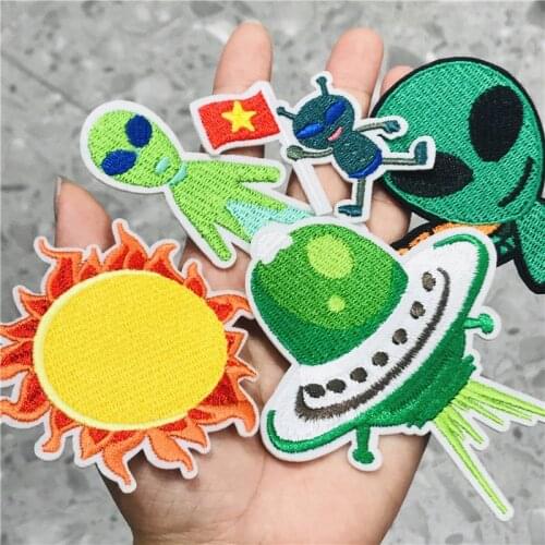 New 1Pcs Space UFO Alien Rocket Sun Iron Patch for Clothing Punk Embroidered Patches On Backpack DIY Kids Applique Badge