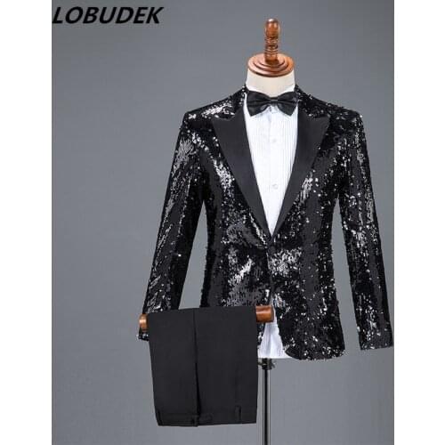 New Men Flipping Sequins Suits Black Red Gold Sequined Blazers Sets Formal Stage Outfits Chorus Dress Singer Host Show Costume