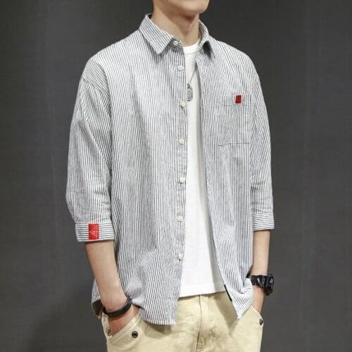 Fall Mens Shirts Japanese Harajuku Style Loose 3/4 Sleeve Striped Shirt Hong Kong Style Trendy Easy Matching Coat