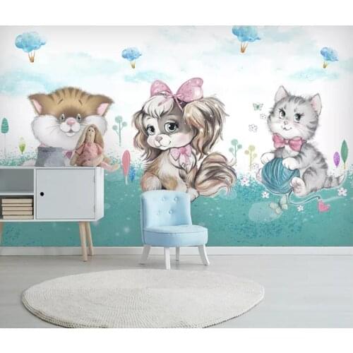 Hand-painted large Nordic fresh Kitty children room sofa background wall decoration wallpaper murals