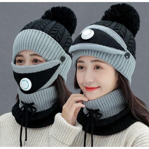 Warm knitted hat+scarf+mask 3 Pieces Set womens winter woolen Scarf Caps Neck Warmer Ladies Girls Skullies Beanies Warm Fleece