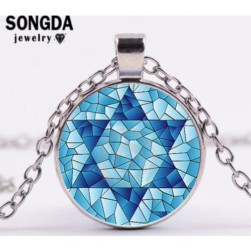 SONGDA New Star of David Necklace Shield Magen David Hexagram Religion Symbol Pattern Round Glass Surface Pendant Jewish Jewelry