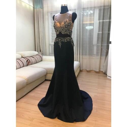 Stock Clean Navy Blue Beads Lace Applqiues Mermaid Prom Dresses Long O-neck Backless Two Pieces Prom Dresses Long Party Dresses