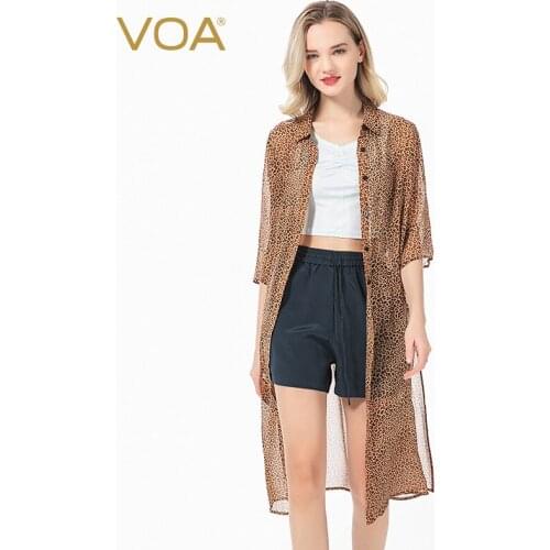 VOA Yellow Leopard Print Lapel Three-quarter Sleeves Single-breasted Hem Slit Mid-length Silk Sunscreen Chiffon Cardigan BJ0