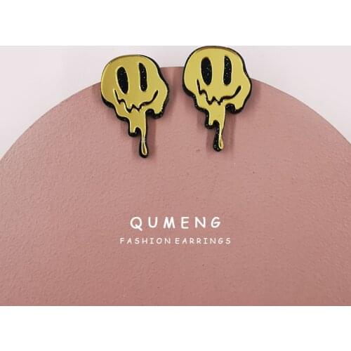 QUMENG Fashion Funny Cute Ghost Smiley Face Mirror Acrylic Stud Earrings Female New Design Personality Halloween Accessories