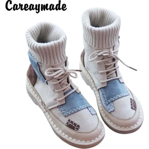 Careaymade-Sen womens bottomed flat boots, soft bottom comfortable woollen line Martin boots,handmade Institute womens boots