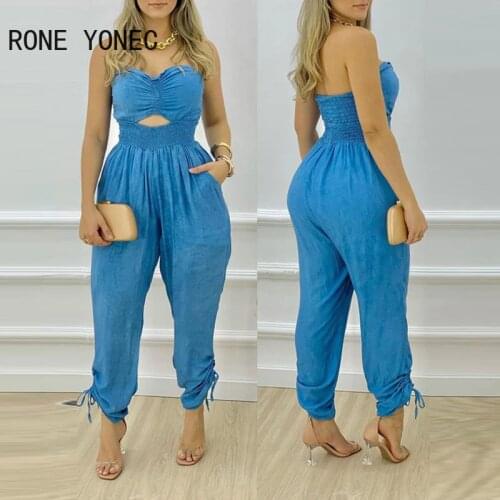 Women Bandeau Cutout Shirred Pocket Design Jumpsuit Women Casual Jumpsuit