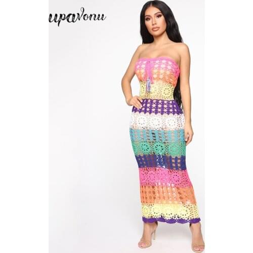 2020 New Fashion Beach Casual Holiday Dress Women Sexy Sleeveless Strapless Hollow Color Mesh Bodycon and Nude Dress Vestidos