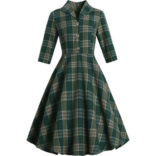 2021 Elegant Green Plaid Women Dresses Pin Up Vintage Retro 50s 60s Swing Rockabilly Dress