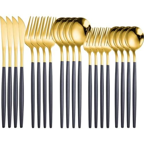 20Pcs Stainless Steel Dinner Black Gold Dinnerware Set Dishwasher Safe Knife Fork Spoon Golden Cutlery Set Kitchen Tableware Set