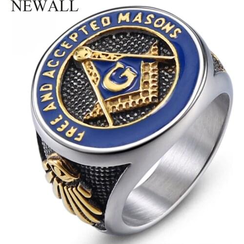 2021 Fashion Stainless Steel Men Blue Drop Oil Religion Finger Ring Titanium Freemason Jewelry Size 7-13 Letter G Accessory