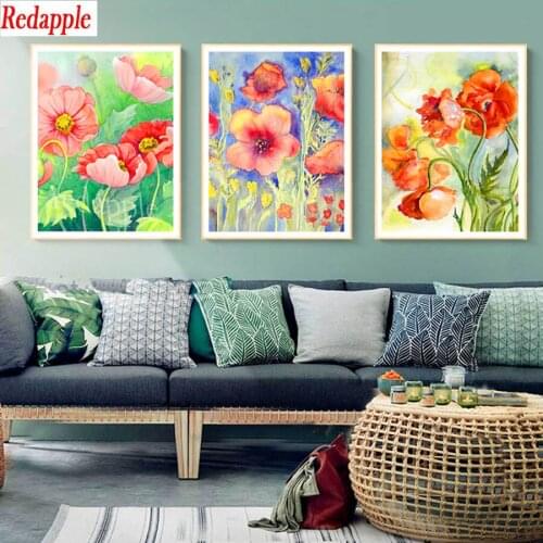 3 pcs Watercolor Flower Full 5D DIY Square Round Diamond Painting"poppy"diamond Embroidery Cross Stitch Mosaic room decoration