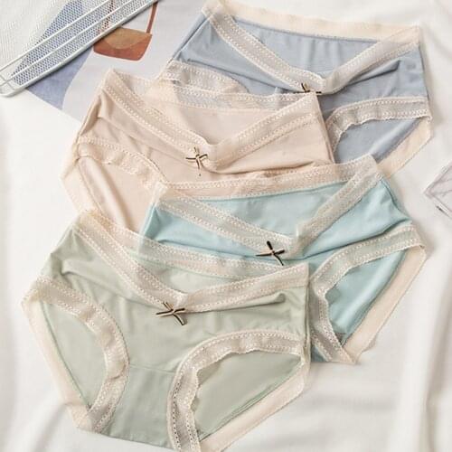 3Pcs Womens Sexy Panties Breathable Underwear Ice Silk Briefs Seamless Panties Crotch Lace Ruffle Panties Pink Panties