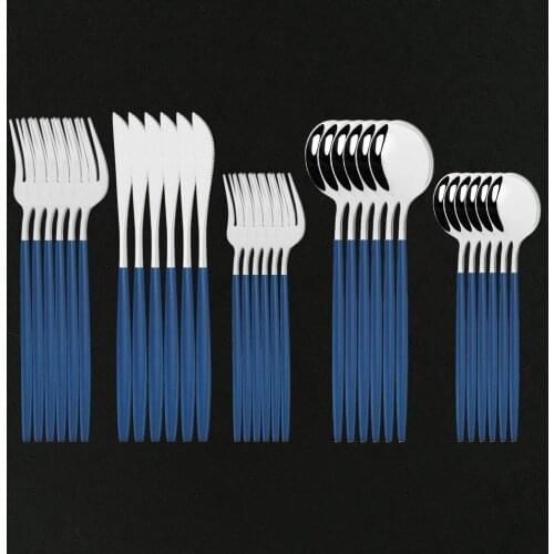 6Set Blue Silver Cutlery Set Luxury Dinnerware Matte Finish Silverware Stainless Steel Dinner Knife Fork Spoon Tableware Set