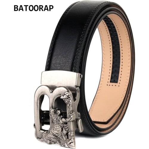BATOORAP Mens Black Leather Belt Strap Tiger Print Automatic Buckle Fashion Ratchet Designer Belts Men Cowboy Straps BA-B468