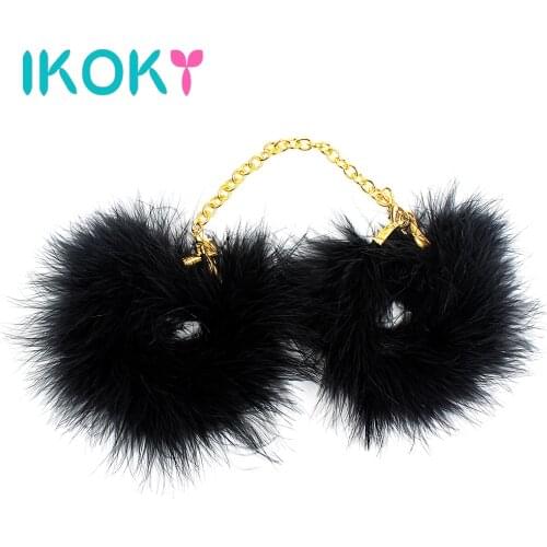 IKOKY Handcuffs Adult Games Slave Restraints Role-playing SM Bondage Sex Toys for Couple Sex Shop New Feathers Metal Handcuffs