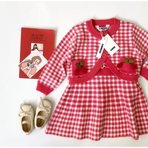 Tonytaobaby Autumn Lovely Foreign Style Knitting Check Cherry Suit Two Piece Girls Christmas Outfit