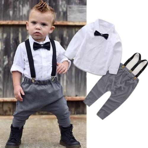Little Gentleman Costume Newborn Baby Boy Clothes White T-shirt Tops + Overalls Suspender Trouser 2PCS Outfit Spring Autumn Suit