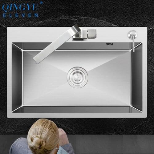 QINGYU ELEVEN kitchen sink lead-free austenitic handmade brushed 304 stainless steel 3mm thickness single bowl kitchen sink