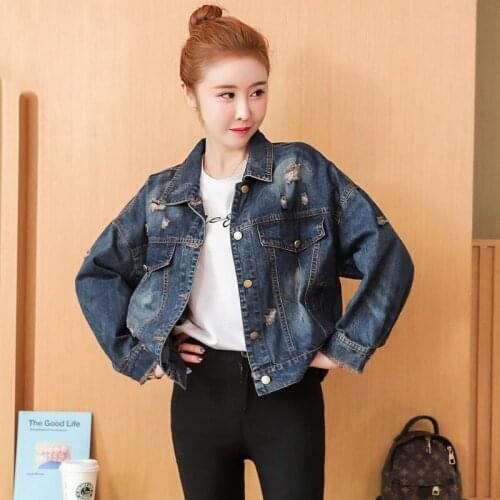 Hip Hop Embroidery Sequins Denim Jacket Women New Spring Autumn Korean Loose Fit Bat Sleeve Jean Coats Female Tops Clothes