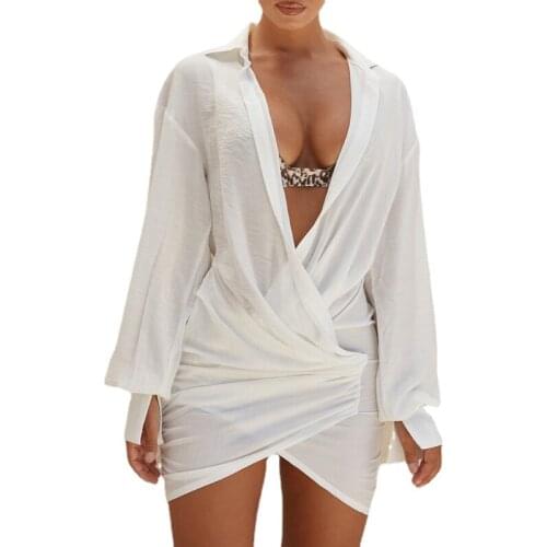 Deep V neck miniskirt sexy dress white linen skirt irregular long sleeve miniskirt night club party fall wear