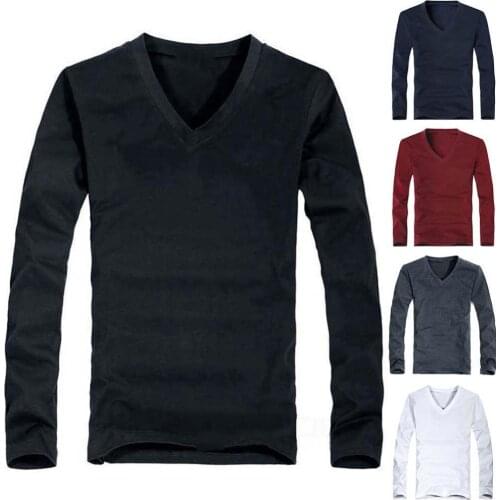 2021 Mens T-Shirt Casual Men Solid Color Long Sleeve V Neck Cotton Pullover Plus Size Slim T-shirt Male Tshirts Man Clothing