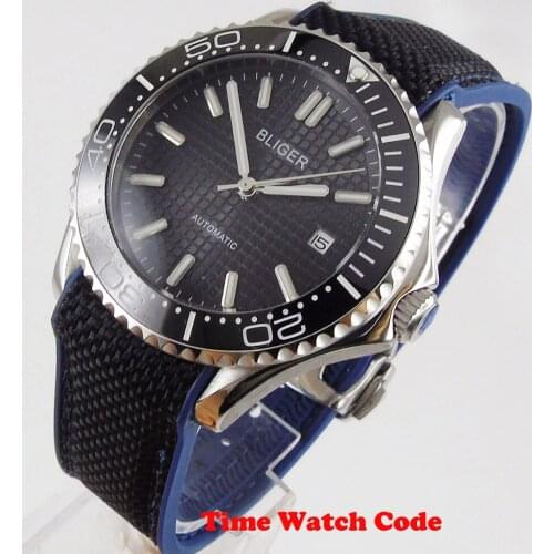 BLIGER 41mm Automatic movement Mens Watch black dial date indicator luminous hands Sapphire Glass Ceramic bezel Rubber strap