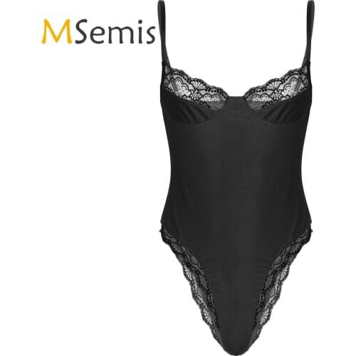 Mens Lingerie Sissy Crossdresser Lace Trimming Sexy Bodycon Bodysuit Sleeveless Unlined Wireless Bra Leotard Underwear Nightwear