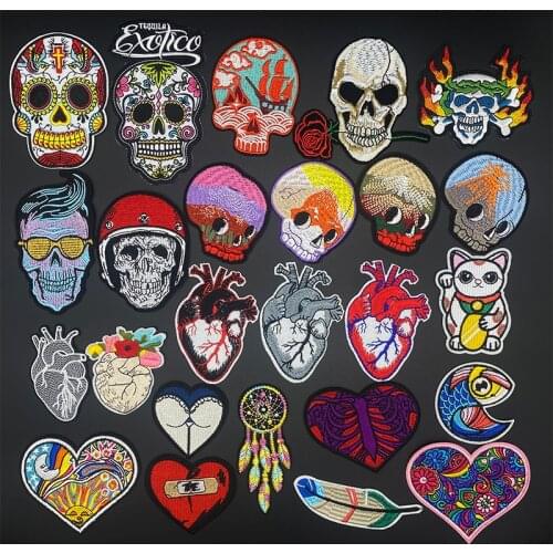 Skull Patches for Clothing Punk Love heart Patch Badges Iron On Stickers Cloth Patch Embroidered Decorative DIY Jacket Jeans