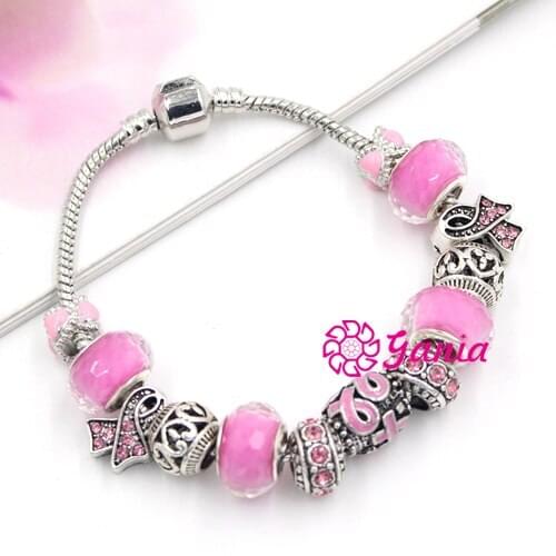 New Arrival DIY European Style Pink Ribbon Bead Breast Cancer Pink Ribbon Bracelet Fit Pandr Bracelets for Women Jewelry
