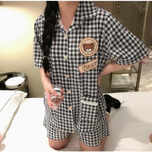 Summer Pajamas Set Korean Lovely Turn Down Collar Plaid Bear Women Loose Version Short Sleeve 2pcs Home Suit Sleep Wear