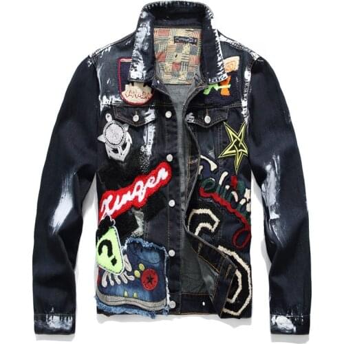 Dropshipping Mens Fashion Denim Jackets Punk Skull Embroidery Painted Jeans Jackets Mens Brand Streetwear Coat