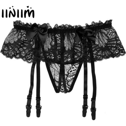 Mens Panties Sexy See-through Lace Skirted Thongs Bowknot Underpants Sissy Gay Underwear Crotchless G-String with Garter Belt