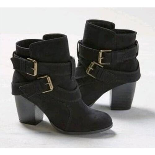 Europe Style Vintage Women High Heels Ankle Boots Buckle Rubber Casual Ladies Shoes Boots Female Chelsea Boots