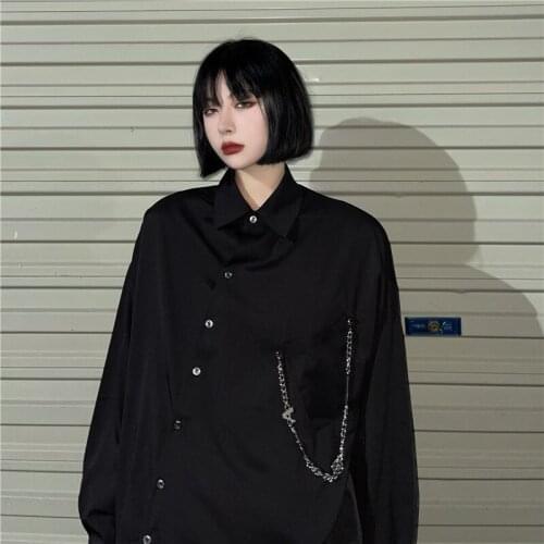 Women Skew Single Breasted Metal Chain Long Sleeve Shirts Black Gothic Lady Irregular Shirt Autumn Harajuku Punk Street Cool Top