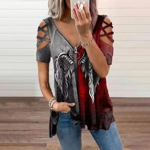 Womens V-neck Sexy T-Shirt New Zipper Print Loose Short Sleeve Cotton Pullover Summer Large Size Clothing Fashion Tops