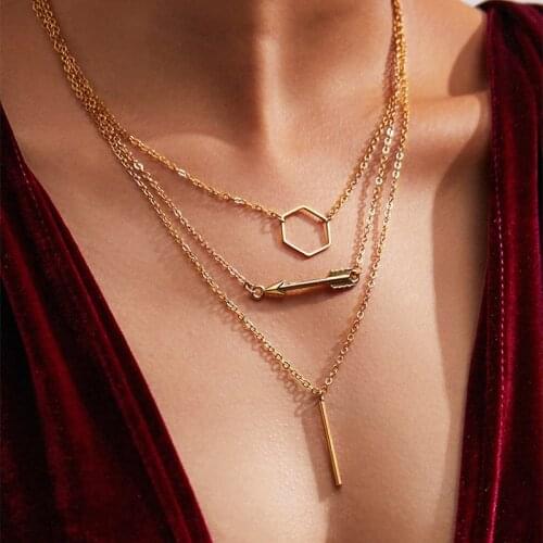 Women Punk Layered Chain Necklace Hexagonal Pendant Circle Arrow Metal Necklace Clavicle Jewelry