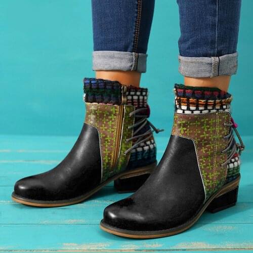 Womens Boots Plus Size Fashion Autumn Winter Leather Ethnic Roman Boots Square Heel Side Zipper Short Boots Botas Femininas