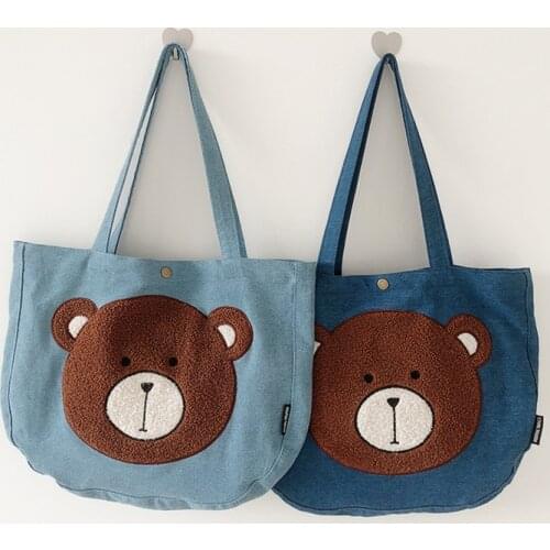 Women Denim Blue Shoulder Bags Fluffy Bear Embroidery Large Capacity Totes Female Casual Canvas Handbags Girls Shopper Book Bag
