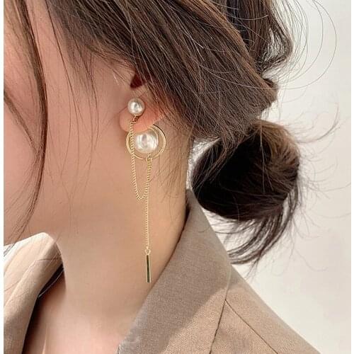 Fashion Faux Pearls Dangle Earrings For Women Elegant Long Tassel Chain Pearl Drop Earrings Ladies Wild Metal Chain Ear Jewelry