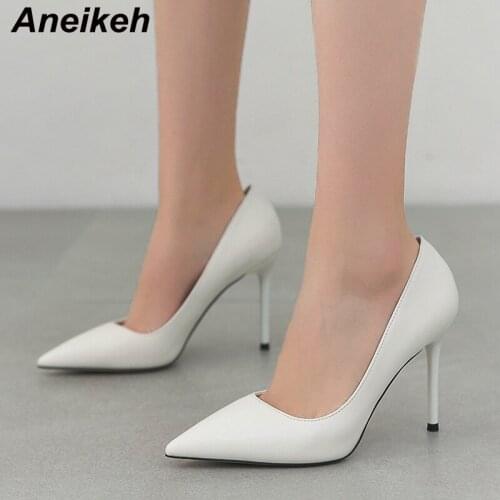 Aneikeh Concise PU Shallow Women Pumps 2021 NEW Elegant 9.5CM Thin Heels Pointed Toe Summer Solid Slip-On Office & Career Shoes