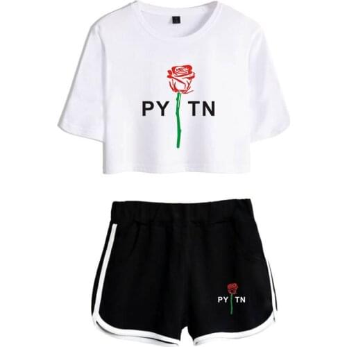 2020 Summer New payton moormeier Exposed Navel white T shirt+black shorts Suitable women girls two Piece Sets Crop Top Clothing