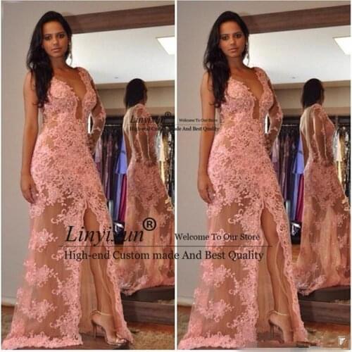 Sexy Prom Dress A-line Deep V-neck Tulle Appliques Beaded Slit Backless Women Long Prom Gown Evening Dresses Robe De Soiree