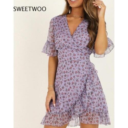 2021 summer ladies sexy ruffled floral lace purple skirt casual shirt dress party seaside ladies cute dress